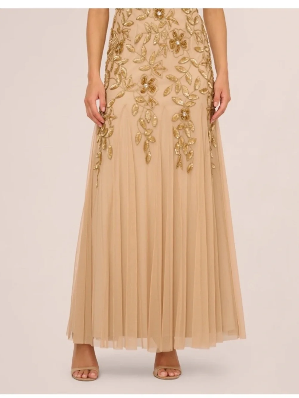 Adrianna Papell Gold Beaded Sequin Mesh Tulle Maxi Gown Dress NWT SZ 6 GALA MOB - Picture 3 of 10